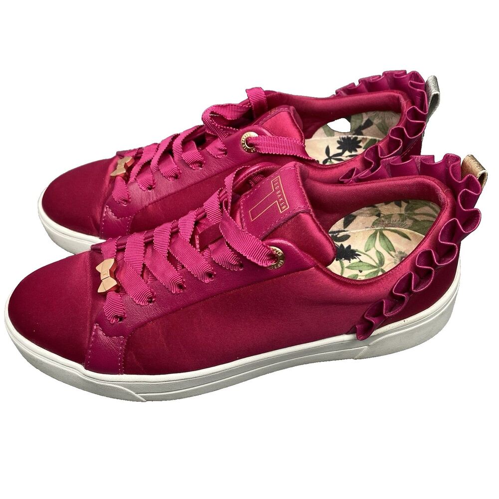 Ted Baker Astrina Luxe Satin Sneakers Womens 6 Leather Ruffle Fuchsia Pink